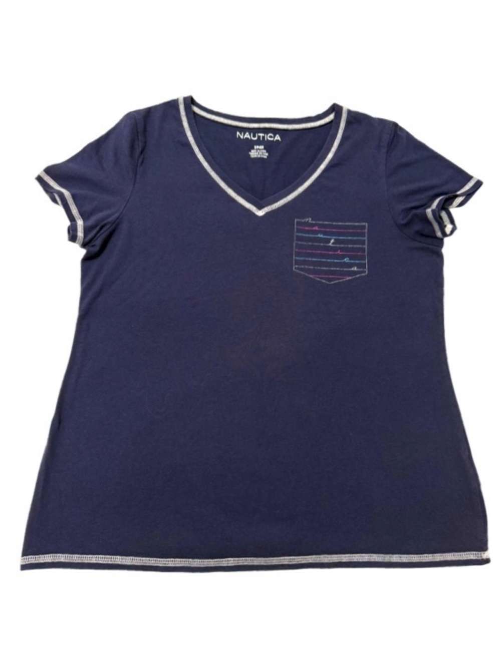 Nautica V-neck Loungewear Top Pajama Sleep Shirt Decorative Pocket Blue Size S
